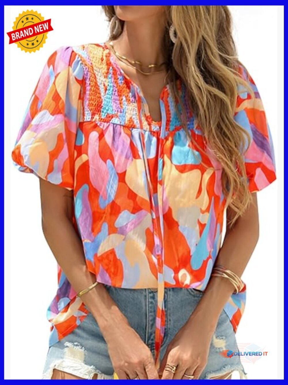 Boho Floral Blouse V Neck Drawstring Short Sleeve Summer Vacation Top